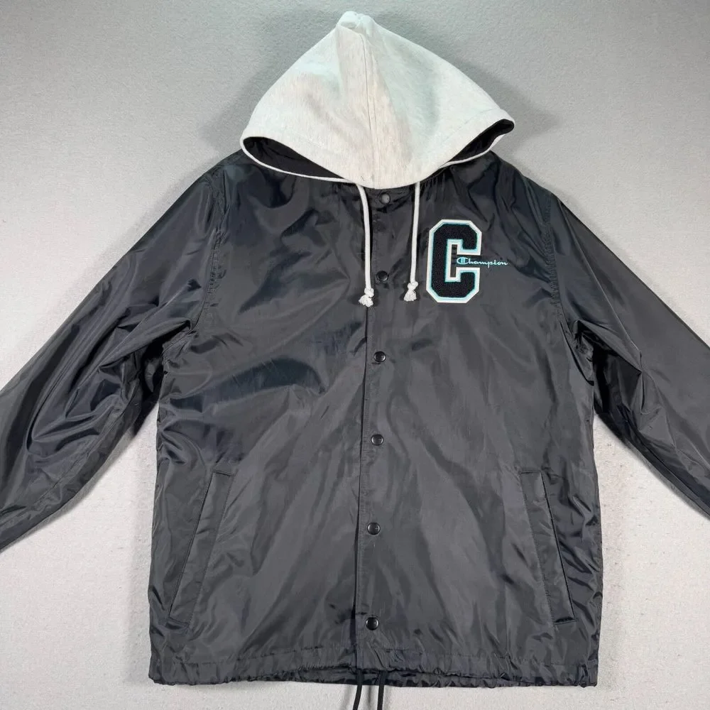Champion Hooded Windbreaker‎ Jacket Mens Medium Standard Fit Black Fleece Hood